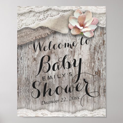 Rustic Wood Burlap Lace Baby Shower Welcome Sign