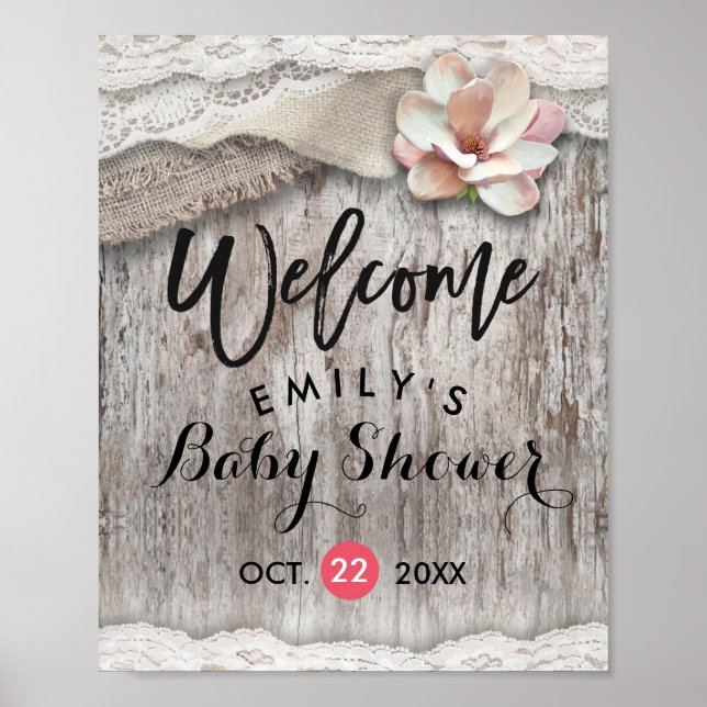 Rustic Wood Burlap Lace Baby Shower Welcome Sign (Front)