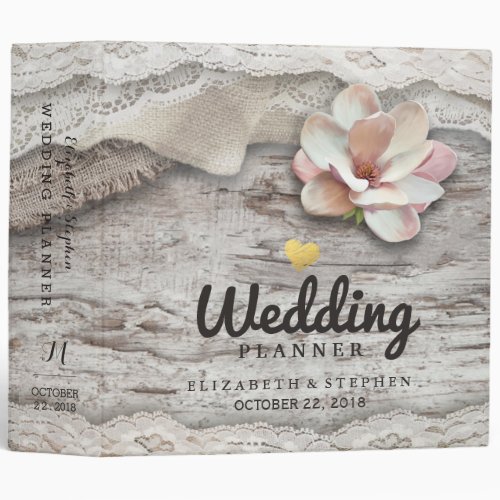 Rustic Wood Burlap Lace Floral Wedding Planner Binder
