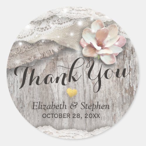 Rustic Wood Burlap Lace Floral Wedding Thank You Classic Round Sticker