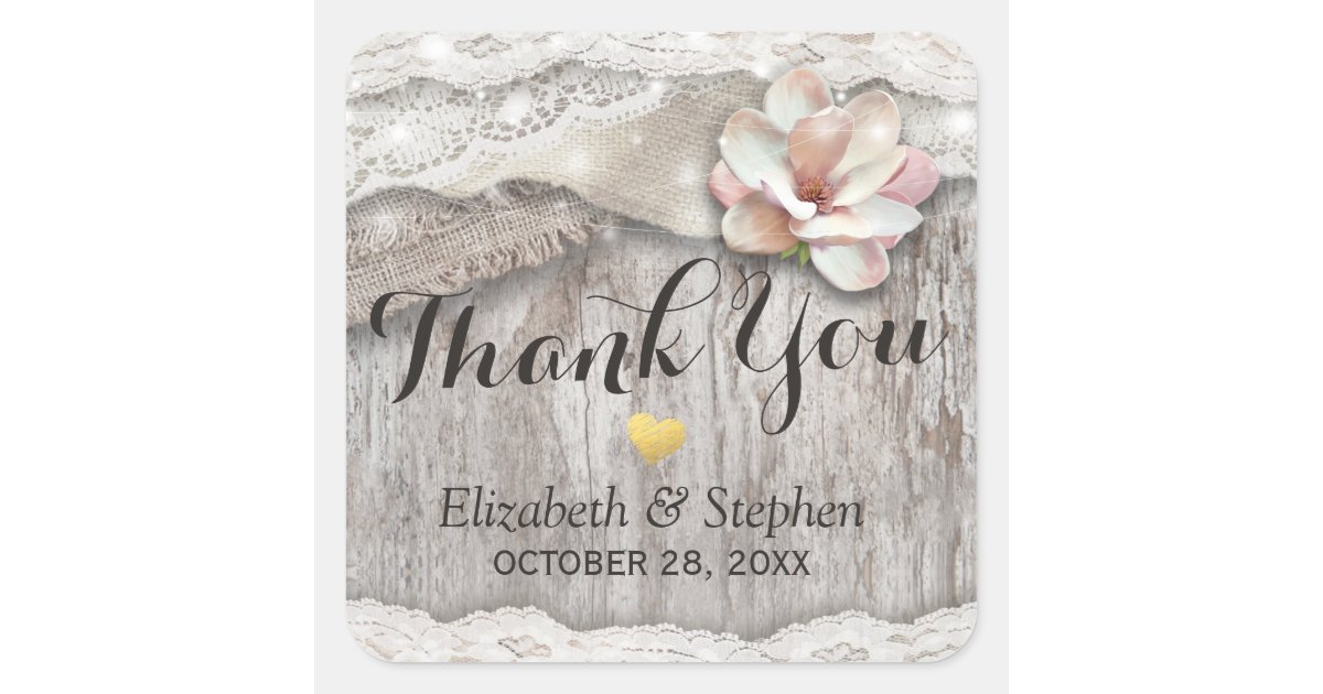 Rustic Wood Burlap Lace Floral Wedding Thank You Square Sticker | Zazzle