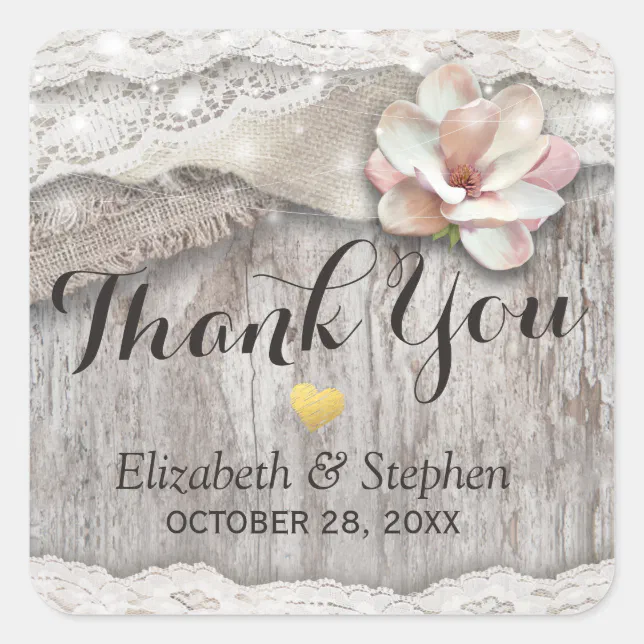 Rustic Wood Burlap Lace Floral Wedding Thank You Square Sticker | Zazzle
