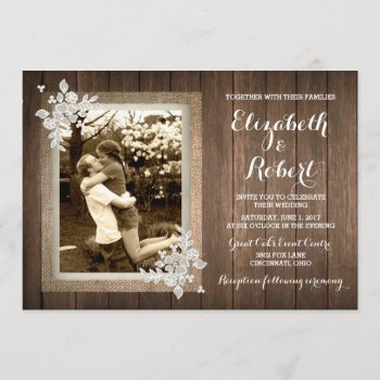 Rustic Wood Burlap Lace Photo Wedding Invitation by ajinvites at Zazzle