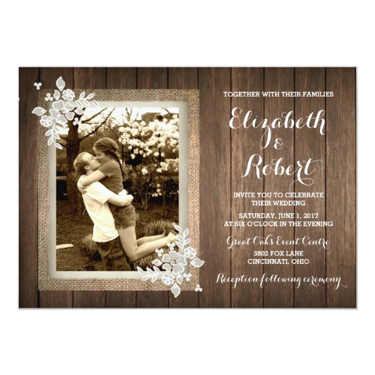 Rustic Wood Burlap Lace Photo Wedding Invitation | Zazzle.com
