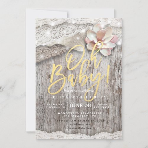 Rustic Wood Burlap Lace String Lights Baby Shower Invitation