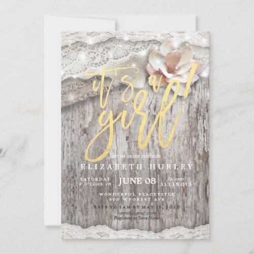 Rustic Wood Burlap Lace String Lights Baby Shower Invitation
