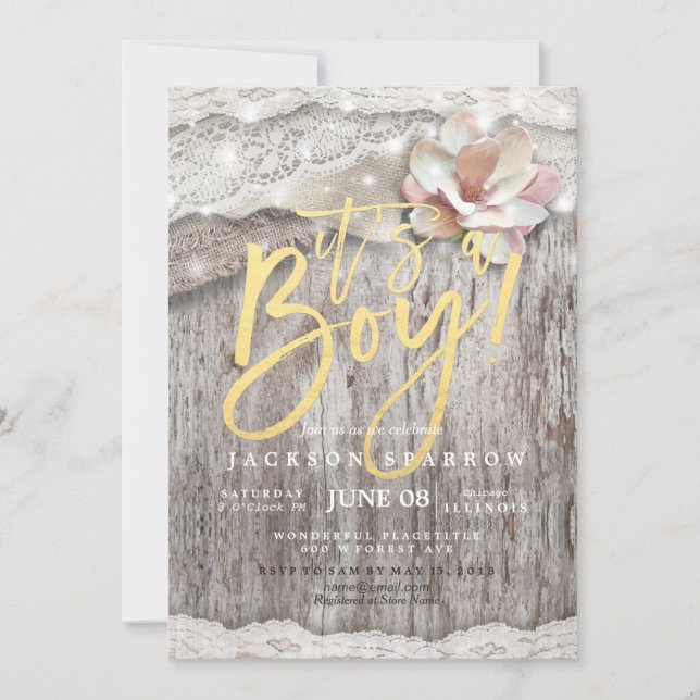 Rustic Wood Burlap Lace String Lights Baby Shower Invitation (Front)