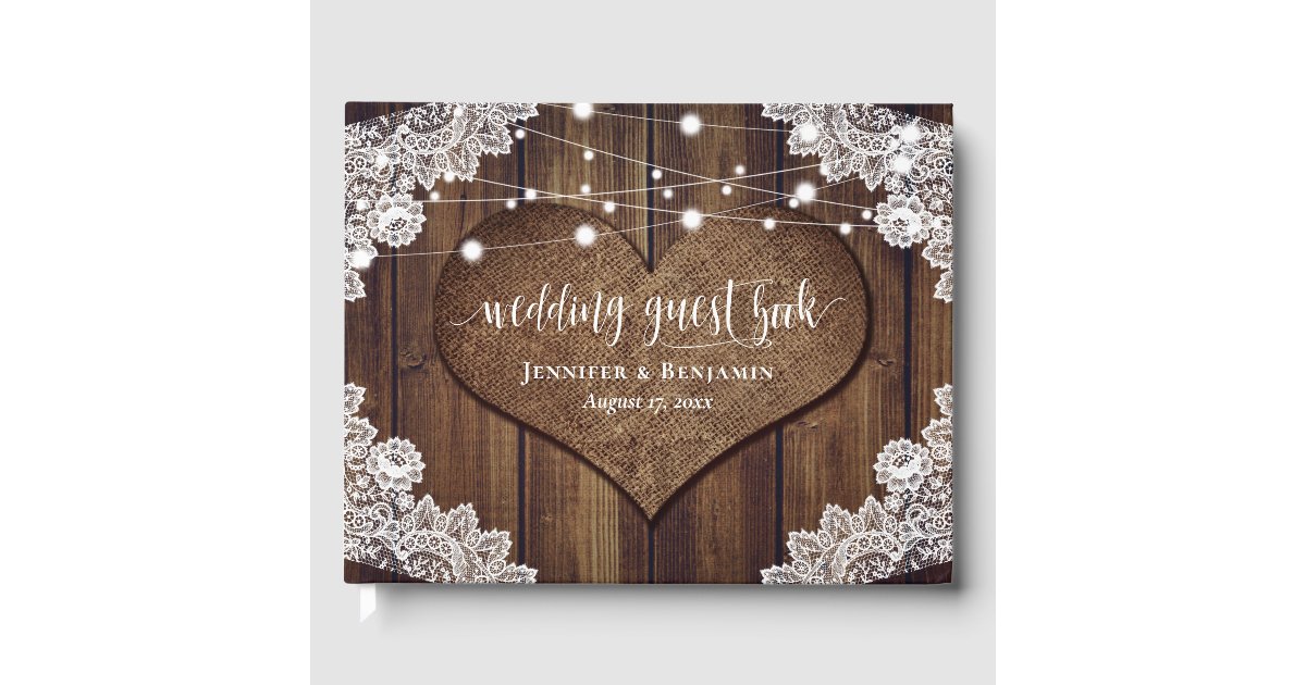 Rustic Wood Burlap Lace String Lights Wedding Guest Book | Zazzle