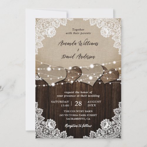 Rustic Wood Burlap Lace String Lights Wedding Invitation