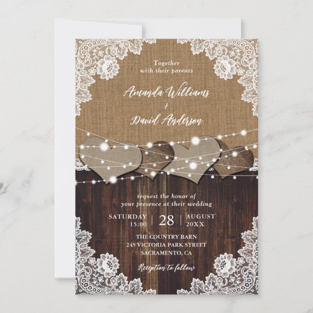Rustic Wood Burlap Lace String Lights Wedding Invitation (Front)