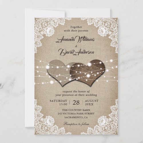 Rustic Wood Burlap Lace String Lights Wedding Invitation