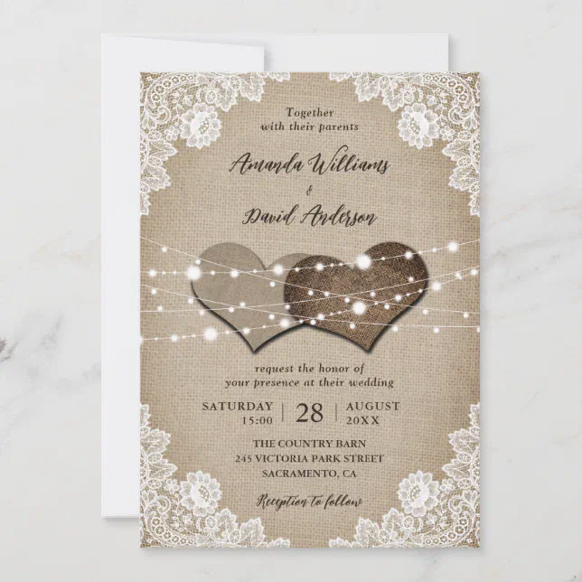 Rustic Wood Burlap Lace String Lights Wedding Invitation | Zazzle