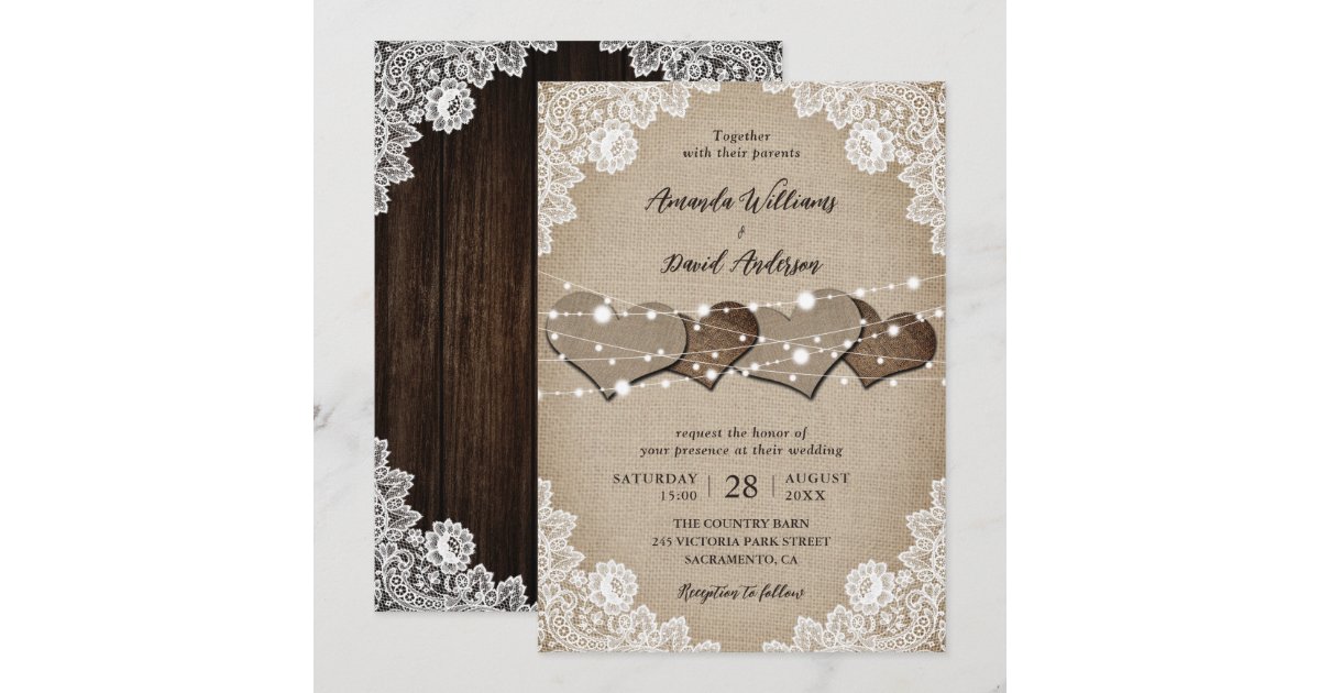 Rustic Wood Burlap Lace String Lights Wedding Invitation | Zazzle