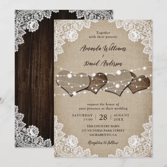 Rustic Wood Burlap Lace String Lights Wedding Invitation | Zazzle