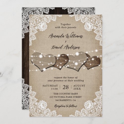 Rustic Wood Burlap Lace String Lights Wedding Invitation