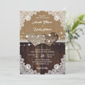 Rustic Wood Burlap Lace String Lights Wedding Invitation (Standing Front)