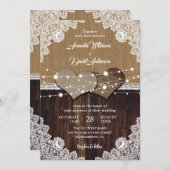 Rustic Wood Burlap Lace String Lights Wedding Invitation (Front/Back)