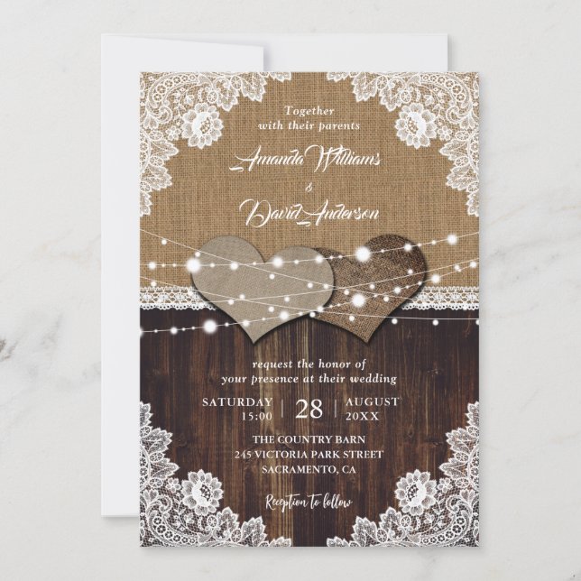 Rustic Wood Burlap Lace String Lights Wedding Invitation (Front)
