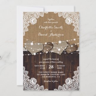 Rustic Wood Burlap Lace String Lights Wedding Invitation