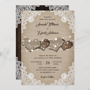 Rustic Wood Burlap Lace String Lights Wedding Invitation