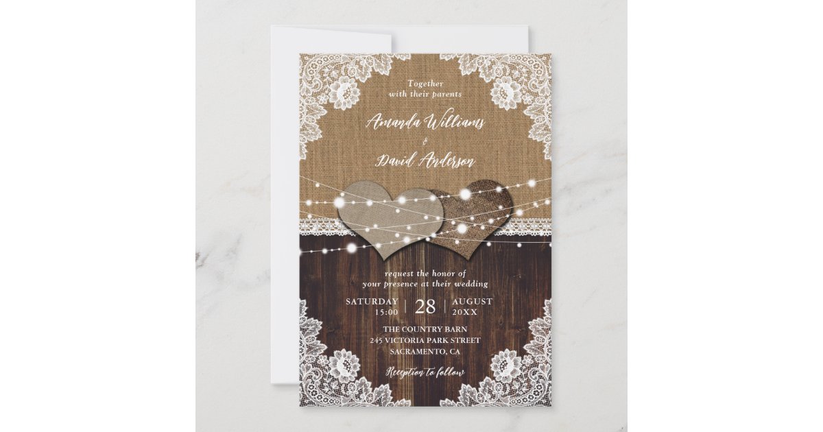 Rustic Wood Burlap Lace String Lights Wedding Invitation | Zazzle