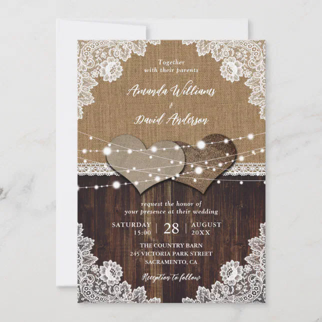 Rustic Wood Burlap Lace String Lights Wedding Invitation | Zazzle