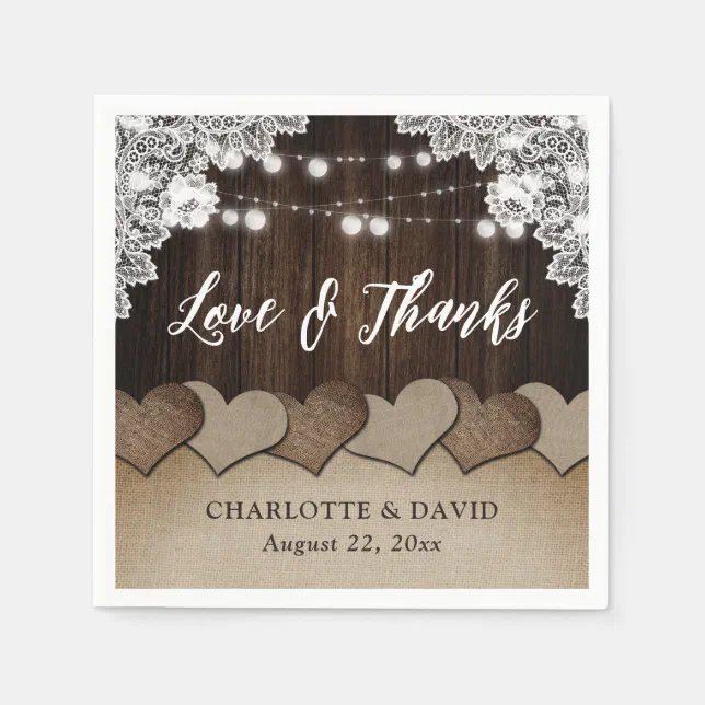 Rustic Wood Burlap Lace String Lights Wedding Napkins | Zazzle