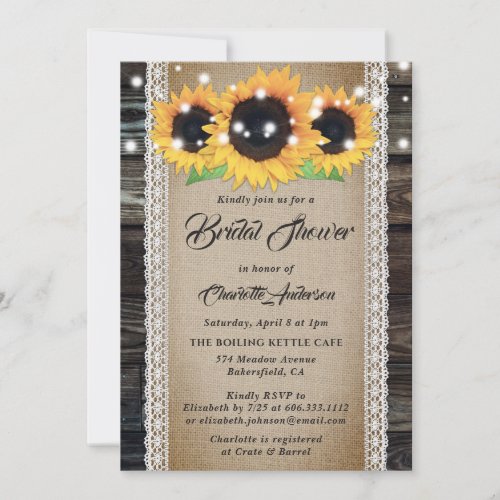 Rustic Wood Burlap Lace Sunflower Bridal Shower Invitation