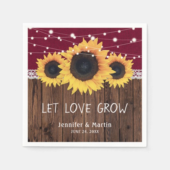 Rustic Wood Burlap Lace Sunflower Burgundy Wedding Napkins (Front)