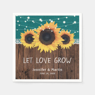 Rustic Wood Burlap Lace Sunflower Teal Wedding Napkins