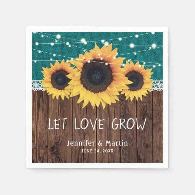 Rustic Wood Burlap Lace Sunflower Teal Wedding Napkins (Front)