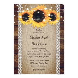 Rustic Wood Burlap Lace Sunflower Wedding Invitation