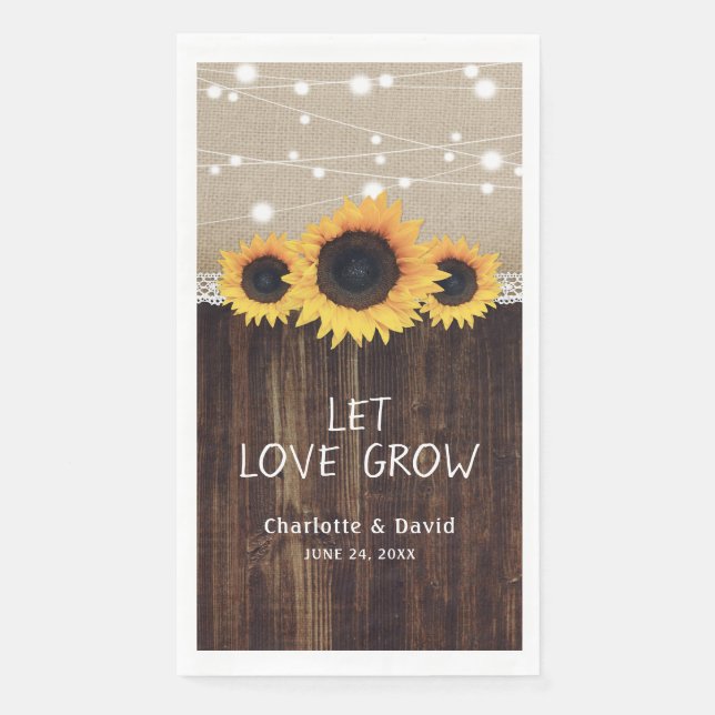 Rustic Wood Burlap Lace Sunflower Wedding Paper Guest Towels (Front)