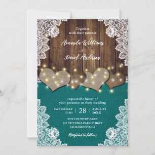 Rustic Wood Burlap Lace Teal Wedding Invitations