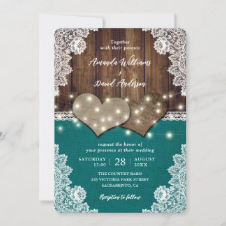 Rustic Wood Burlap Lace Teal Wedding Invitations