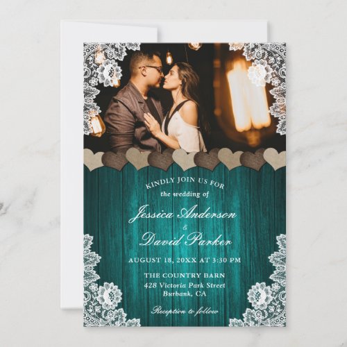 Rustic Wood Burlap Lace Teal Wedding Photo Invitation