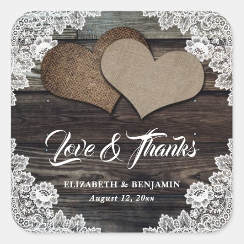 Rustic Wood Burlap Lace Thank You Wedding Square Sticker