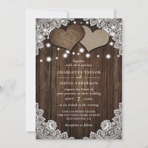 Rustic Wood Burlap Lace Wedding Invitation