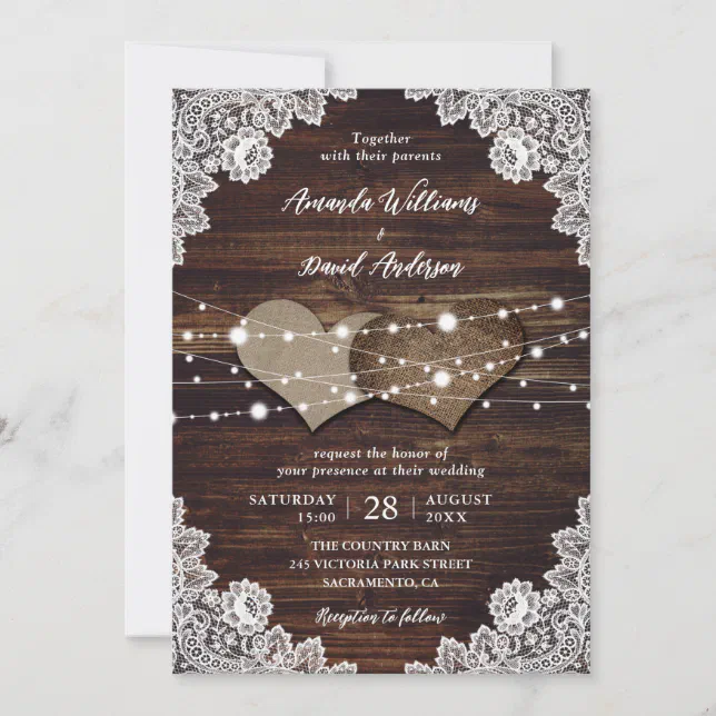 Rustic Wood Burlap Lace Wedding Invitation | Zazzle