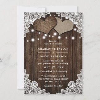 Rustic Wood Burlap Lace Wedding Invitation