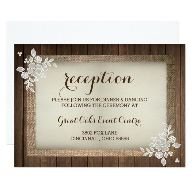 Rustic Wood, Burlap & Lace Wedding Reception Card