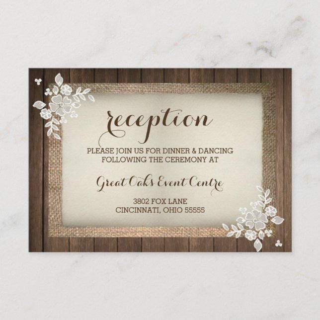 Rustic Wood, Burlap & Lace Wedding Reception Card (Front)