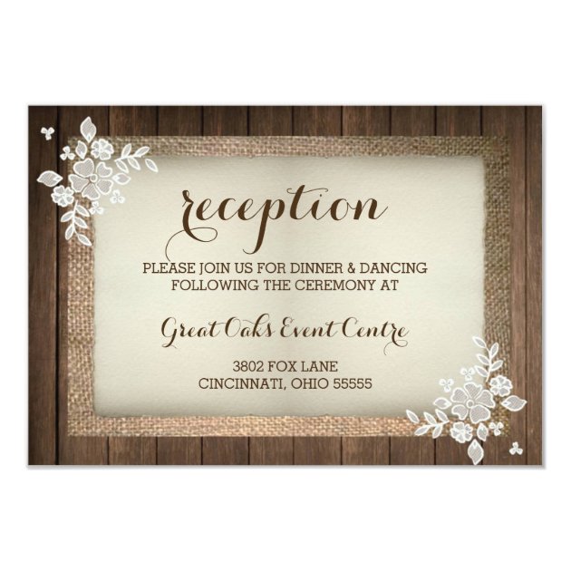 Rustic Wood, Burlap & Lace Wedding Reception Card
