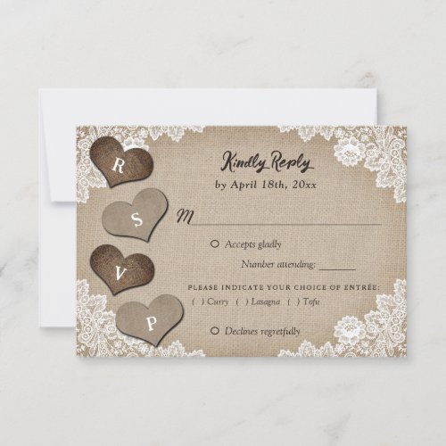 Rustic Wood Burlap Lace Wedding RSVP Meal Choice