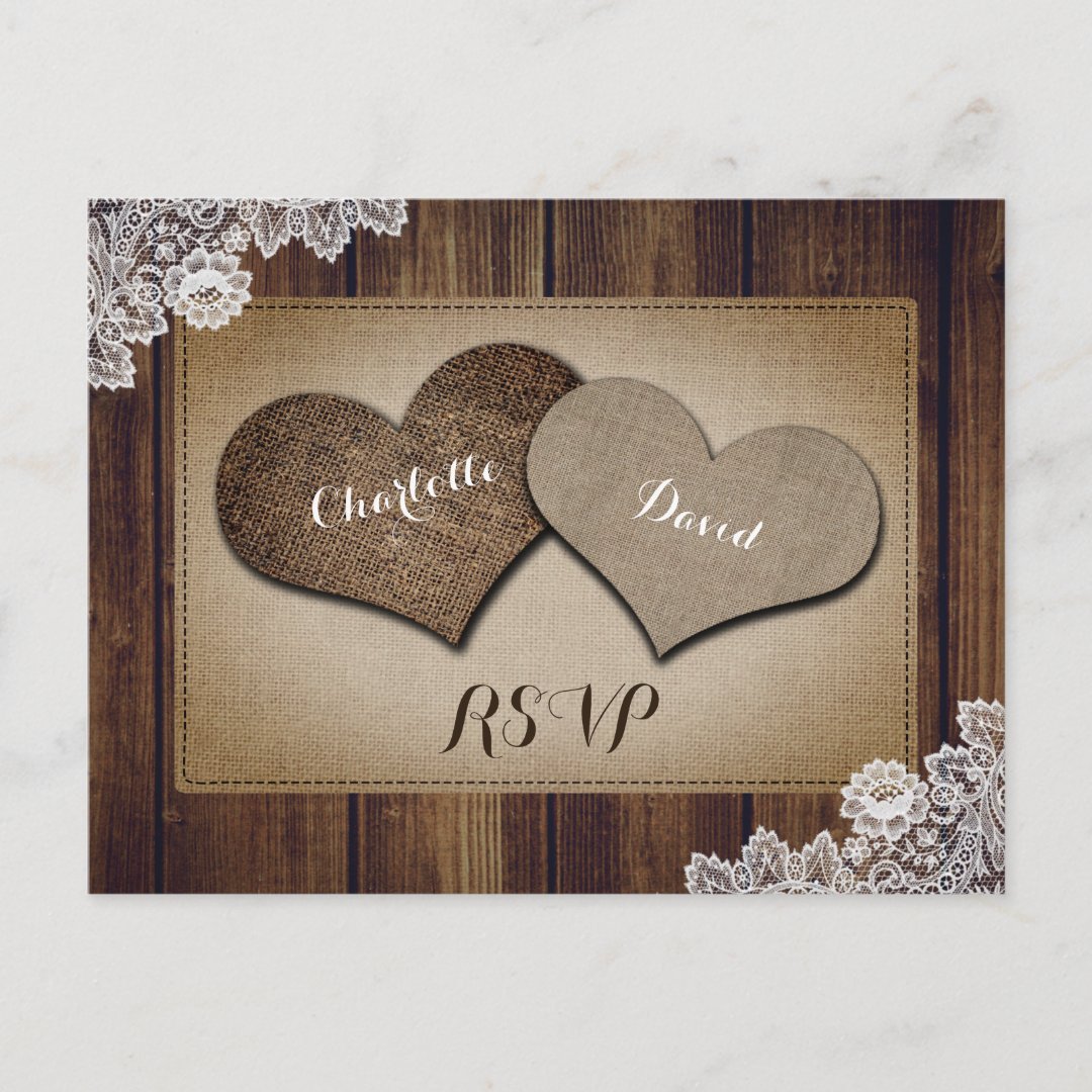 Rustic Wood Burlap Lace Wedding Rsvp Postcard Zazzle