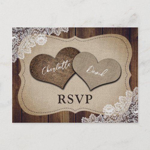 Rustic Wood Burlap Lace Wedding RSVP Postcard