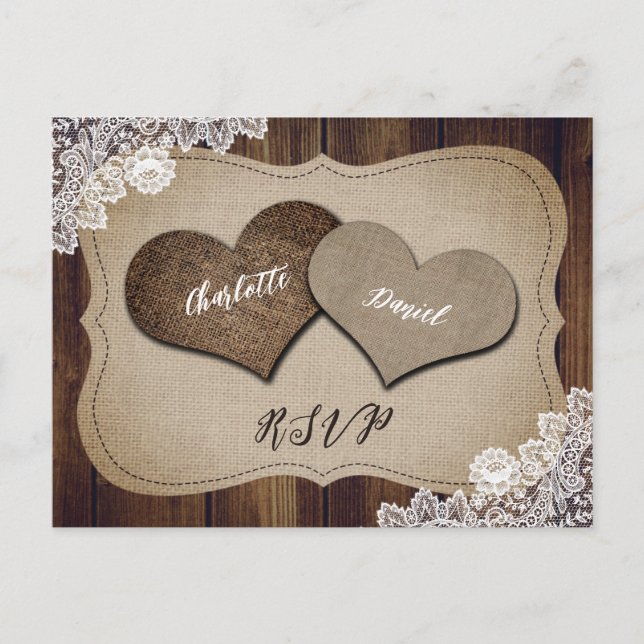 Rustic Wood Burlap Lace Wedding RSVP Postcard (Front)