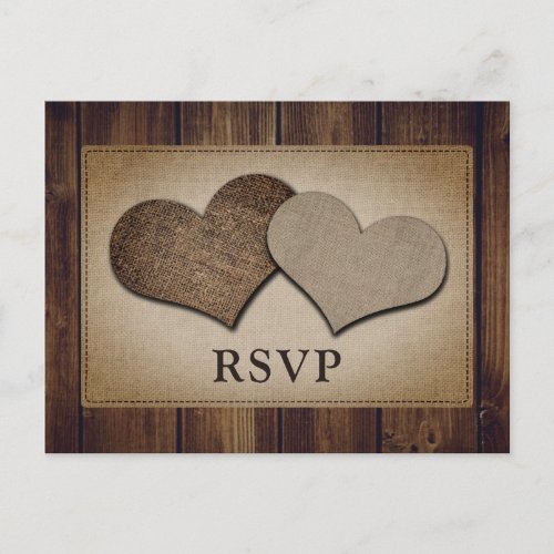 Rustic Wood Burlap Lace Wedding RSVP Postcard