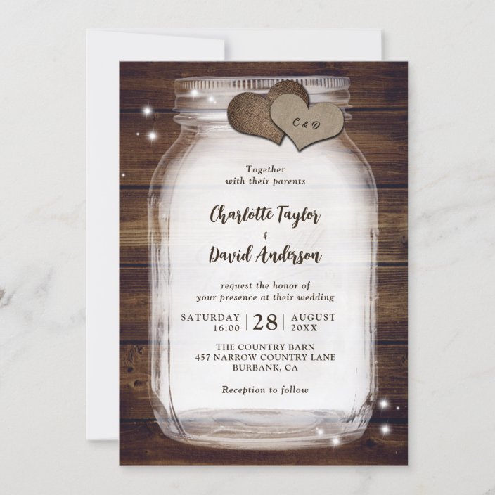 Rustic Wood Burlap Mason Jar Wedding Invitation