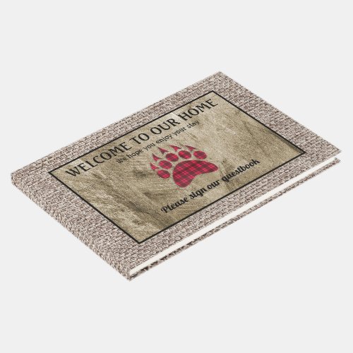 Rustic Wood Burlap Red Buffalo Plaid Bear Paw Guest Book